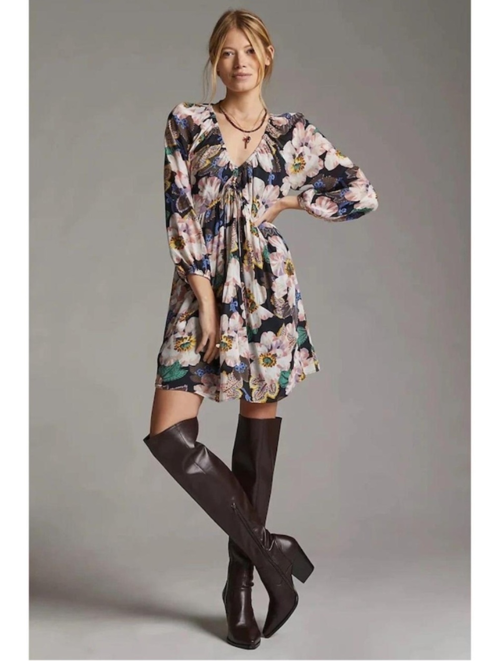 Anthropologie Tiered V-neck Tunic Dress in Black and Pink Floral